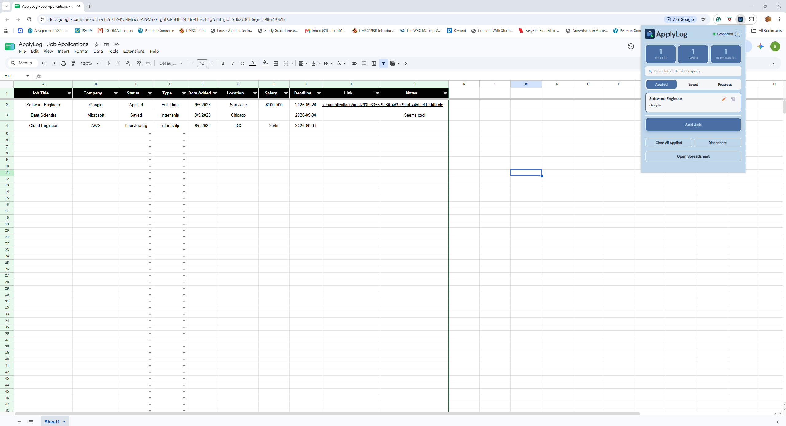 ApplyLog popup showing applied, saved, and in-progress job applications